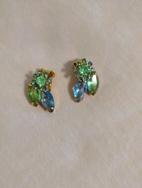 Gold-Tone Green & Blue Crystal Cluster Clip Earrings